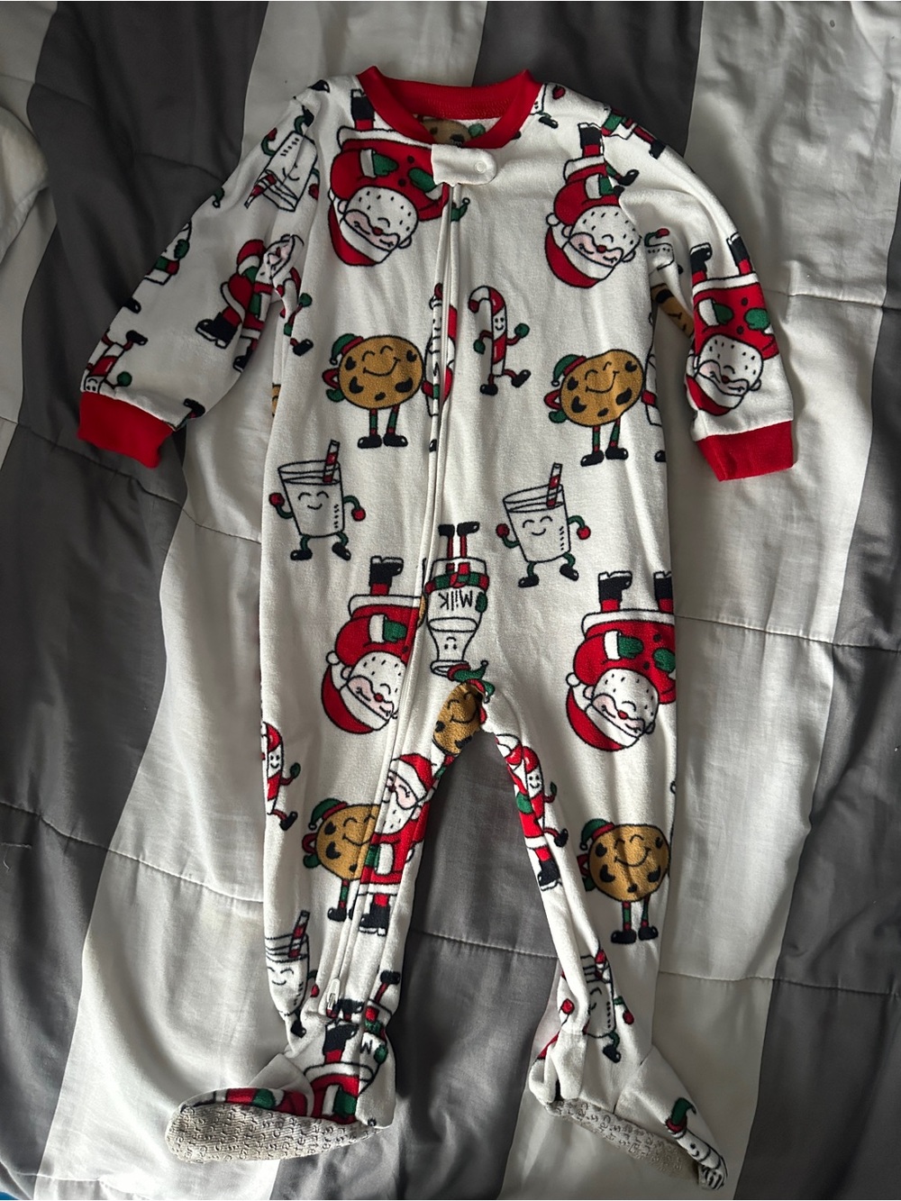 Kids Holiday Footed One-Piece Pajamas - White with Red Trim